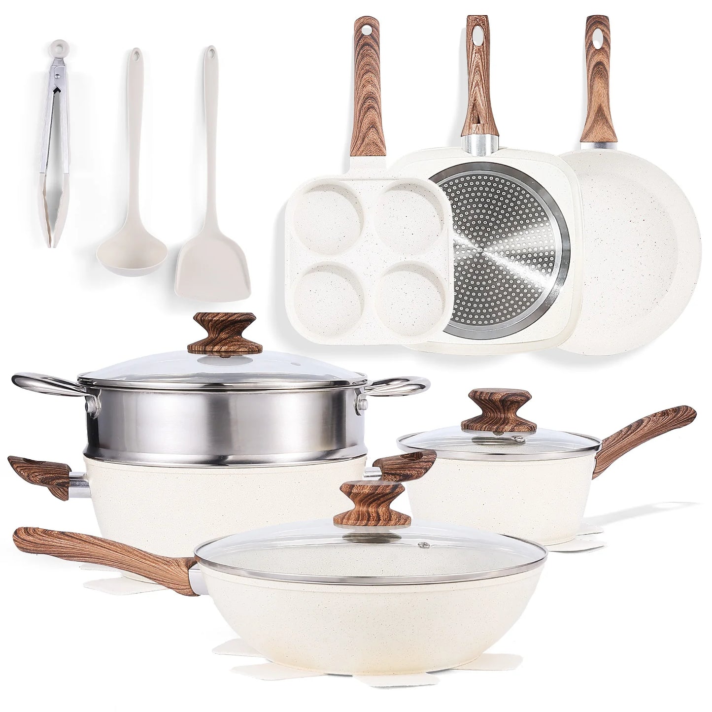 Pots and Pans Set Non Stick, 17-Piece Induction Kitchen Cookware, Stackable RV Cookware with Removable Handle, White