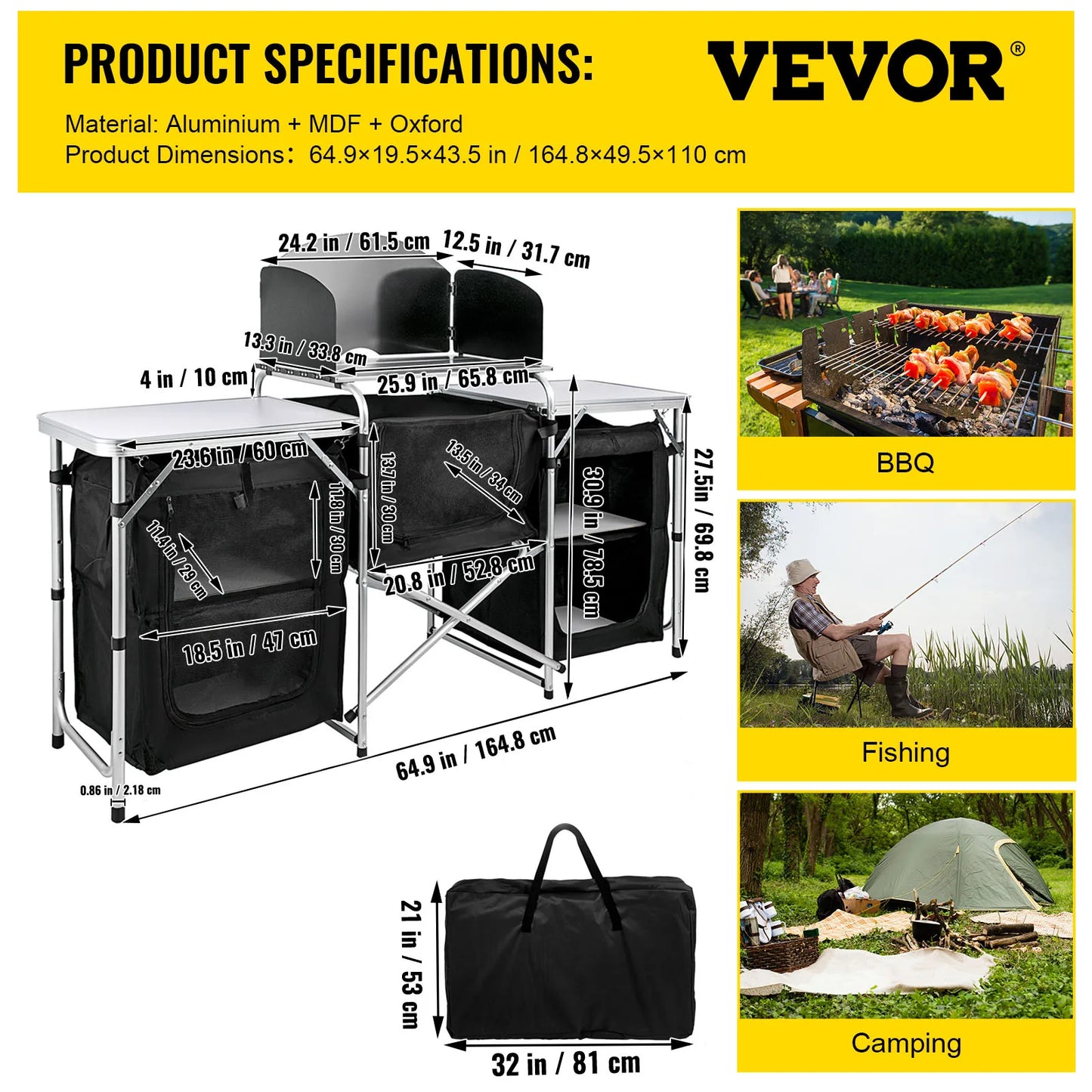 SucceBuy Camping Outdoor Kitchen Table Cabinet Foldable Cooking Storage Rack X-Shaped Aluminum Alloy Bracket for BBQ Picnic