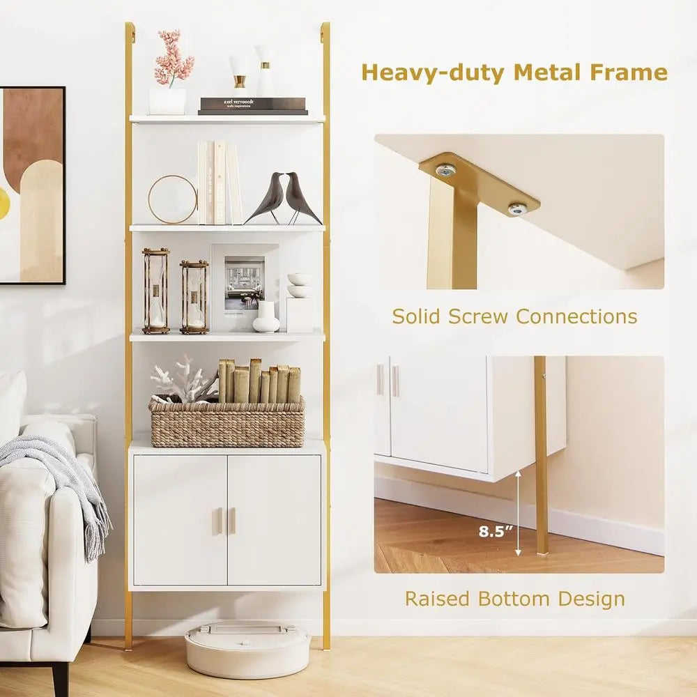 Modern 2-Piece 72.5 Tall Metal Ladder Shelf Set with Cabinet, Kitchen Storage Organizer for Living Room Display