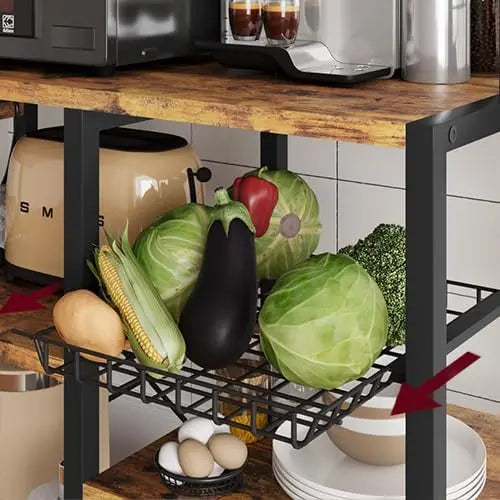 5-Tier Baker's Rack with Wire Basket – Microwave Stand with Built-In Power Outlets, Coffee Bar Station & Open Kitchen Shelving for Spices, Dishes, and Pots, Brown