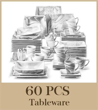 MALACASA 30/60PCS Marble Grey Porcelain Tableware Dinnerware Set with 6PCS Dessert/Soup/Dinner Plate/Cup/Saucer,Service for 12