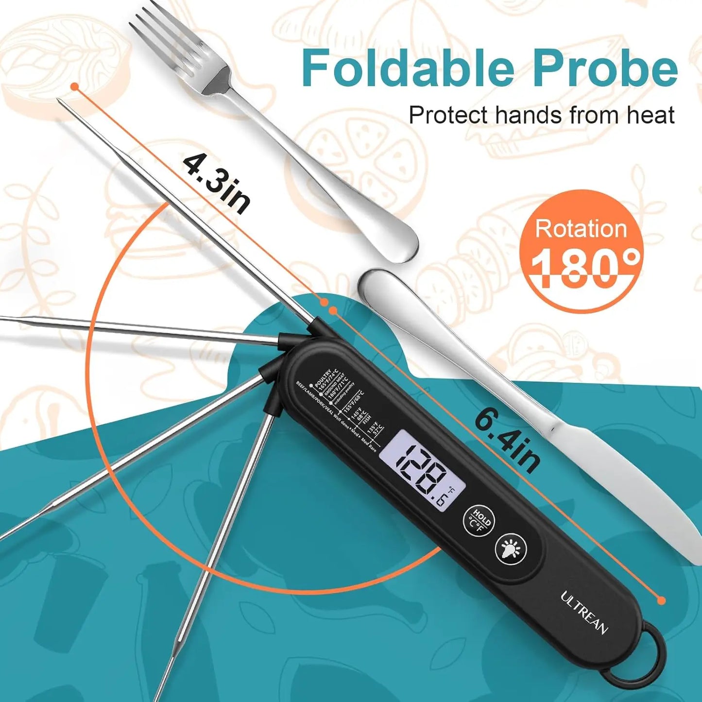 Ultrean Digital Meat Thermometer, Ultra-Fast Instant Read with Backlight, Foldable Probe, Waterproof for BBQ Grill Fry Oven Cand