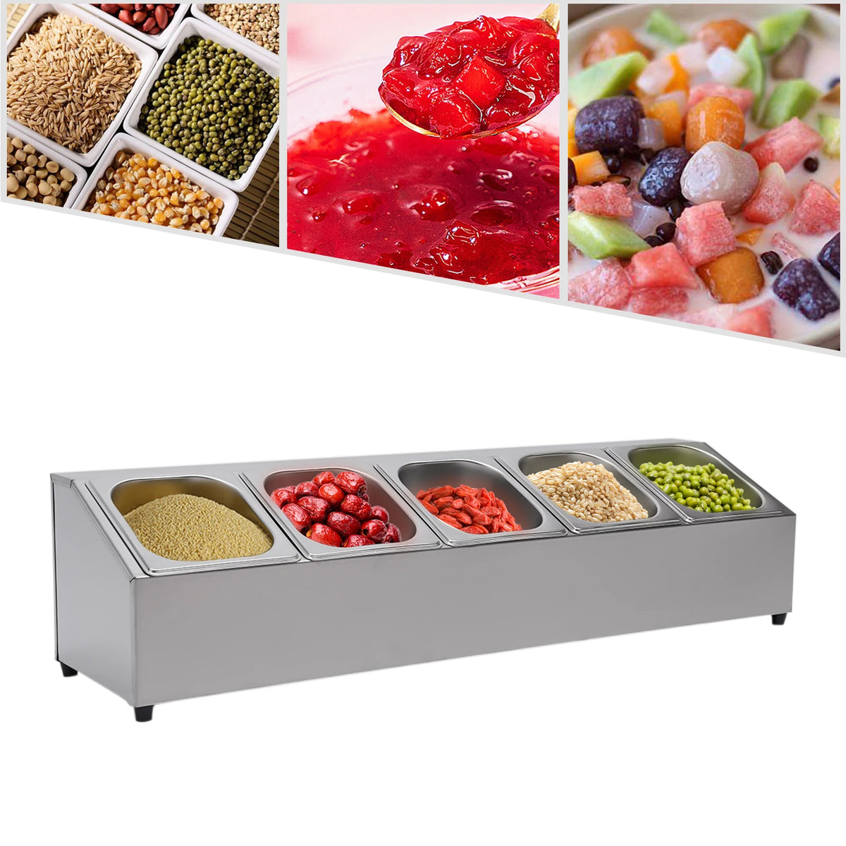 Spice Rack Shelf Stainless Steel Organizer Stand W/ 5*1/6 Pans W/ Lids Countertop Inclined Holder for Sauce Fruits Kitchen Use