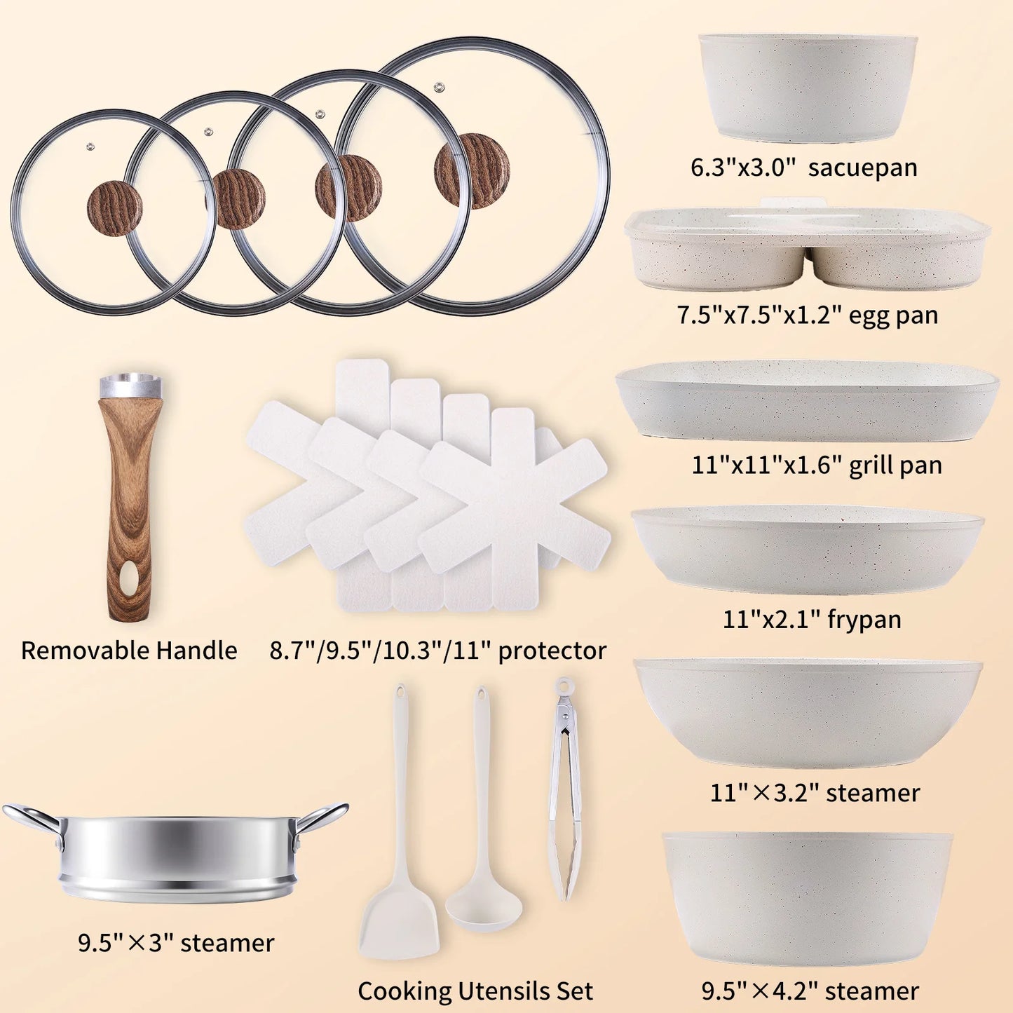 Pots and Pans Set Non Stick, 17-Piece Induction Kitchen Cookware, Stackable RV Cookware with Removable Handle, White