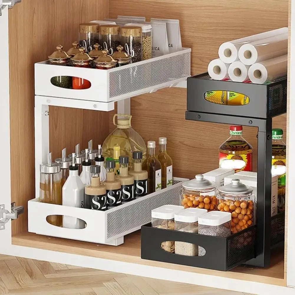 2‑Tier Pull‑Out Under Sink Organizer Expandable Double Tier Adjustable Steel Storage Rack Basket No Drilling For Kitchen Bathroom Cabinet Space Saving Rack