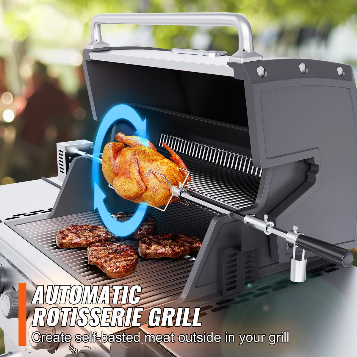 SucceBuy Universal Grill Rotisserie Kit for Grills, Electric BBQ Grill with 9W Motor Stainless Steel Automatic Grilling Kit