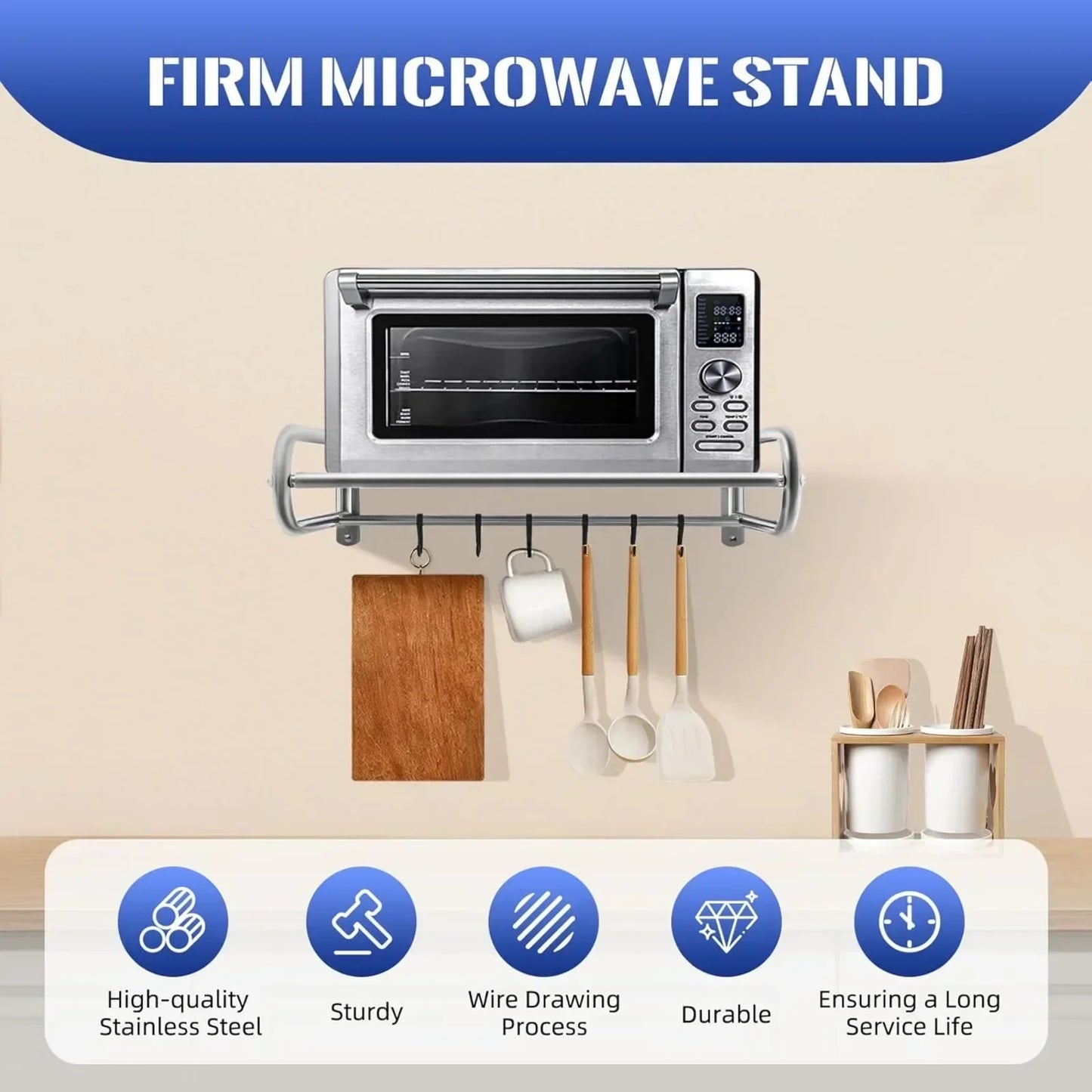 Stainless Steel Microwave Utensils Shelf Wall Mount with 6 Hooks, Heavy Duty Kitchen Organizer Rack for Bathroom Pantry Storage