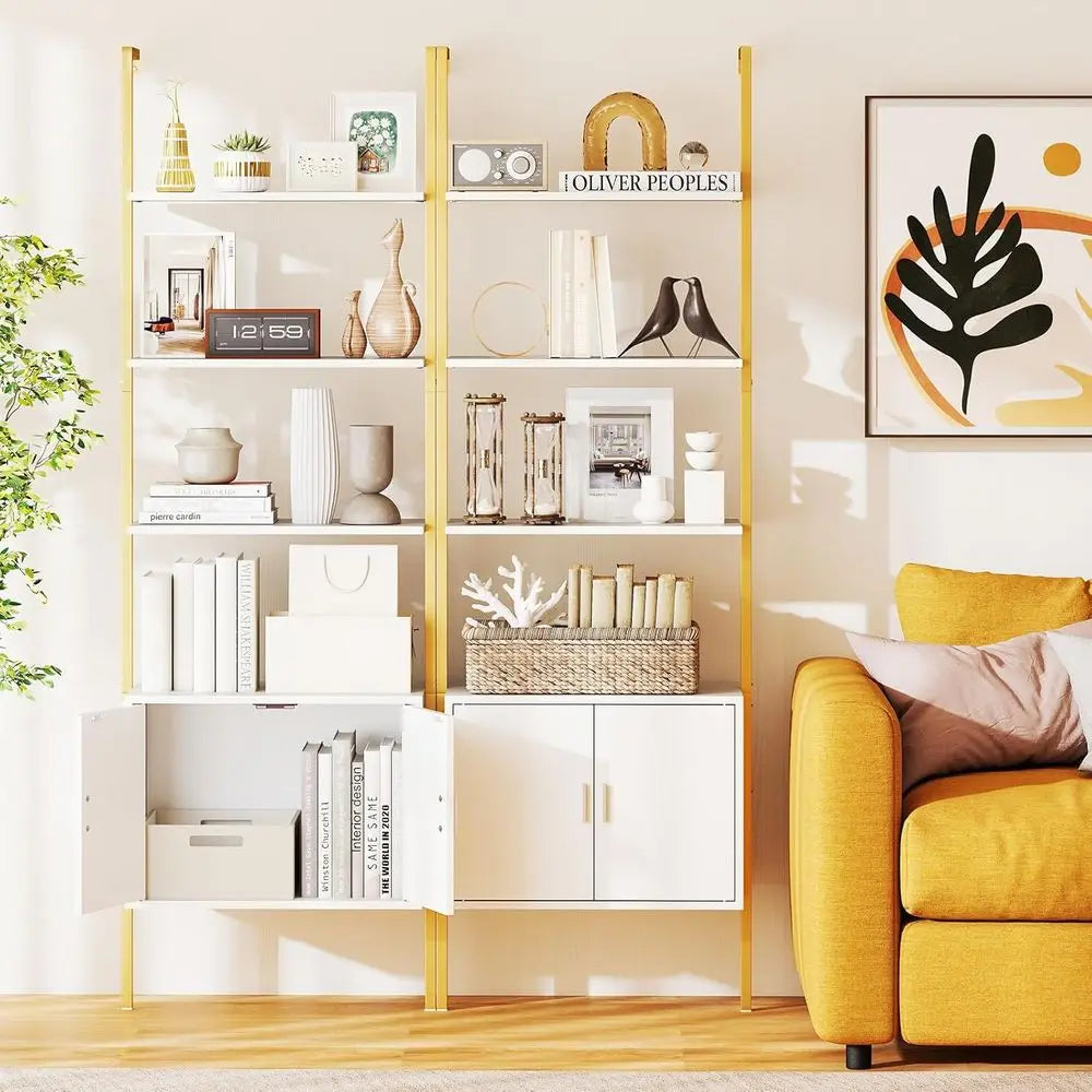 Modern 2-Piece 72.5 Tall Metal Ladder Shelf Set with Cabinet, Kitchen Storage Organizer for Living Room Display