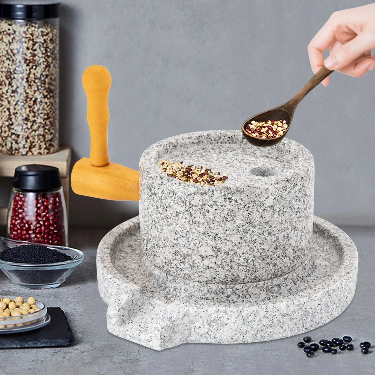 Traditional Granite Millstone Grinder Hand Crank with 304 Stainless Steel Core for Dry Wet Grinding Wheat Soybean Spices