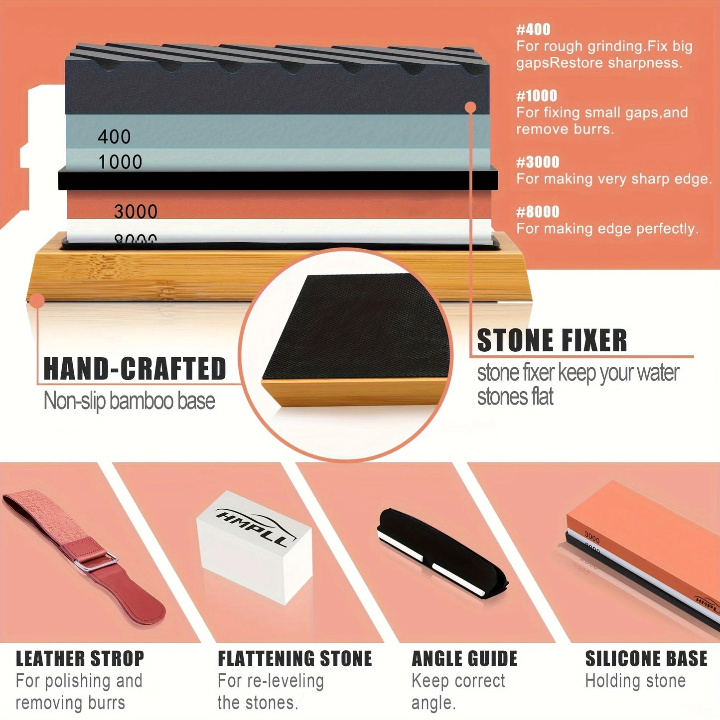 1 Set Professional Knife Sharpening Stone Kit 4 Sided Grit 400/1000 3000/8000 with Non-Slip Base, Leather Strop Flattening Stone