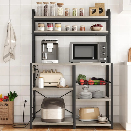 5-Tier Baker's Rack with Wire Basket – Microwave Stand with Built-In Power Outlets, Coffee Bar Station & Open Kitchen Shelving for Spices, Dishes, and Pots, Brown
