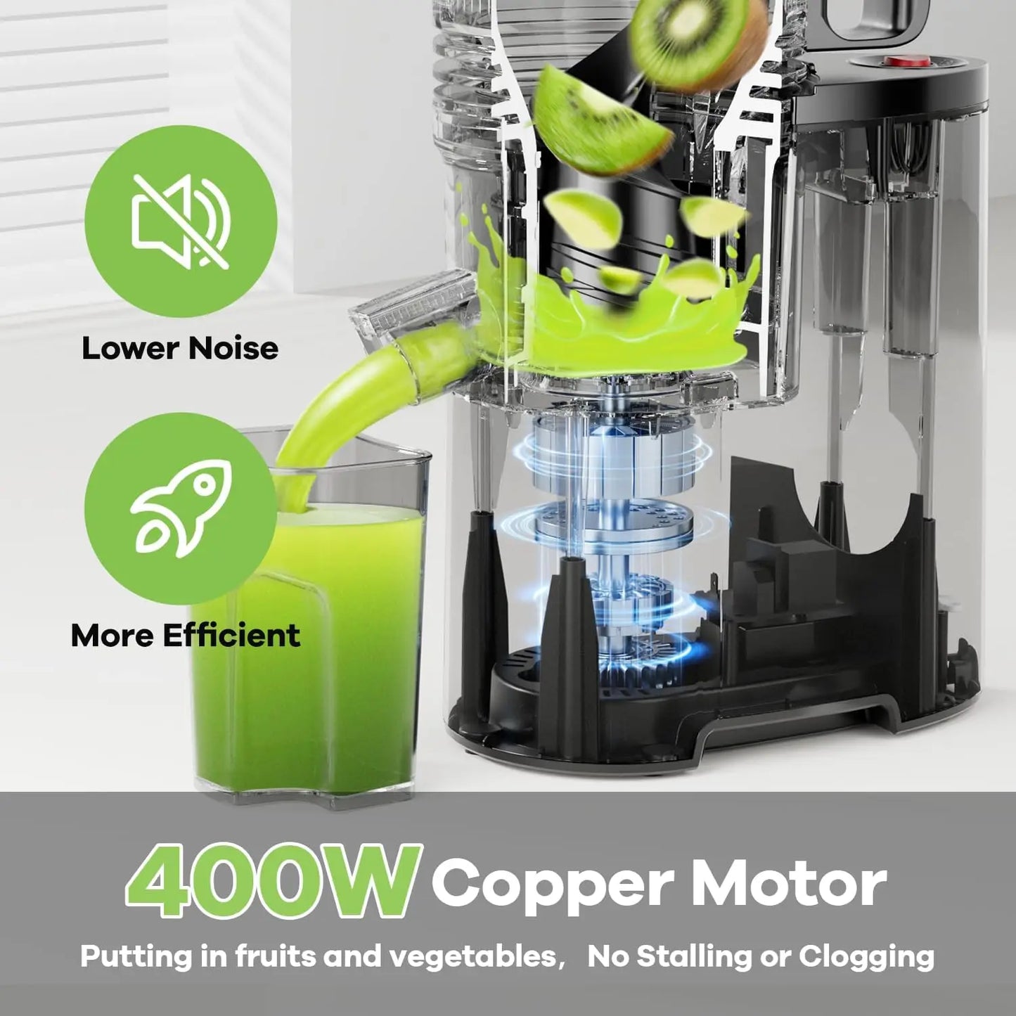 Cold Press Juicer, 5.8" Wide Chute, 400W Slow Masticating, High Juice Yield for Whole Fruits & Veggies