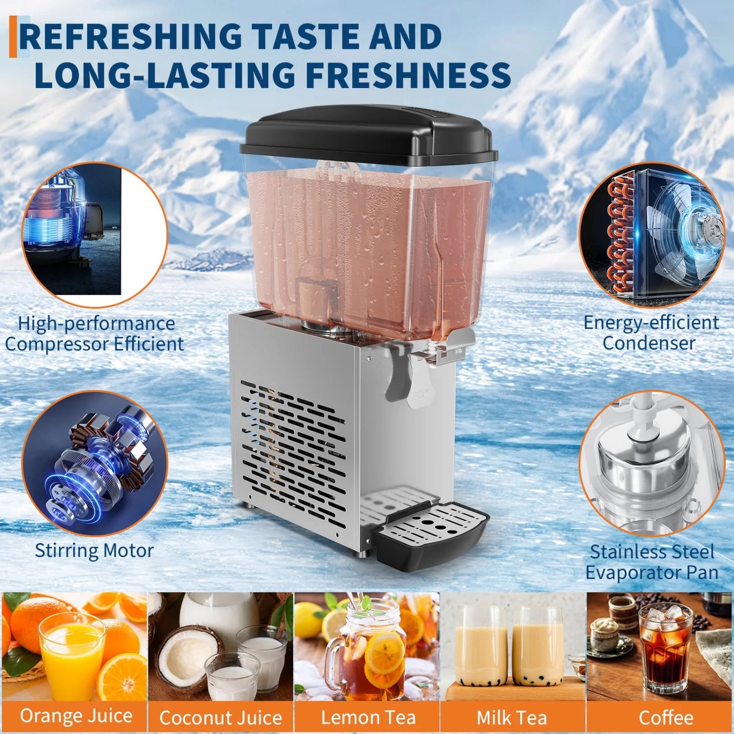 4.8 Gallon/18L Commercial Beverage Dispenser, 150W Stainless Steel Ice Tea & Drink Dispenser with Tank & Thermostat Control for Parties/Restaurants/Bars/Home/Cafes